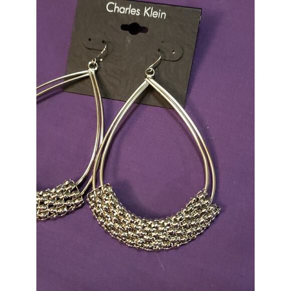 Charles Klein Large Double Teardrop Earrings Popcorn Mesh Wrap Silver Tone, NWT - Picture 2 of 9